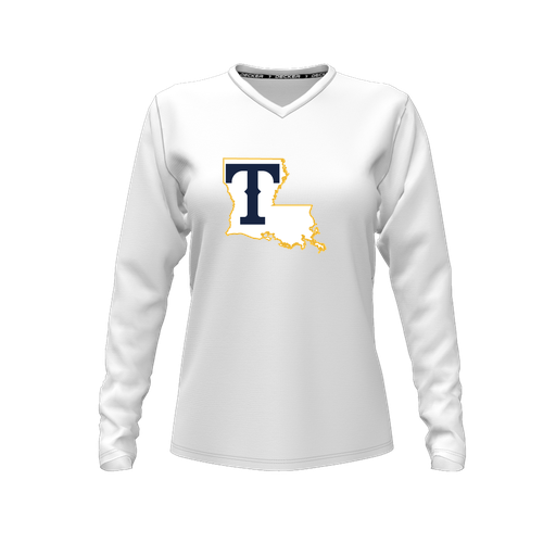 [FTLVCFWH-FYXS-LOGO2] Decker Comfort T-Shirt (Female Youth XS, White, V Neck, Logo 2, Long Sleeve)