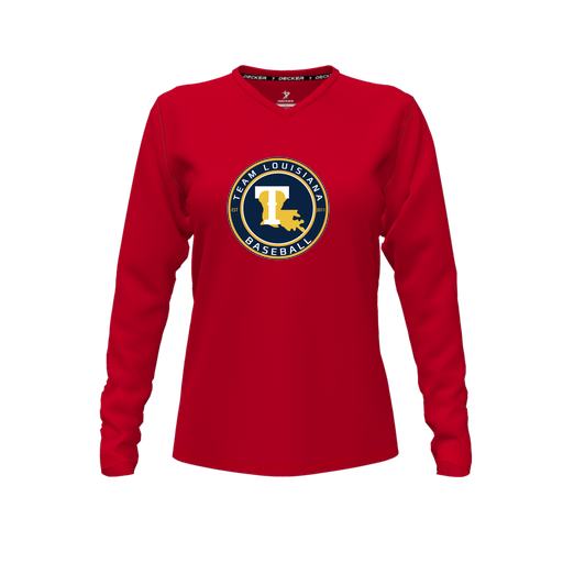 [CUS-DFW-TEES-CMF-VNK-LSL-RED-FYXS-LOGO1] Decker Comfort T-Shirt (Female Youth XS, Red, V Neck, Logo 1, Long Sleeve)