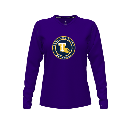 [CUS-DFW-TEES-CMF-VNK-LSL-PUR-FYXS-LOGO1] Comfort T-Shirt (Female Youth XS, Purple, V Neck, Logo 1, Long Sleeve)