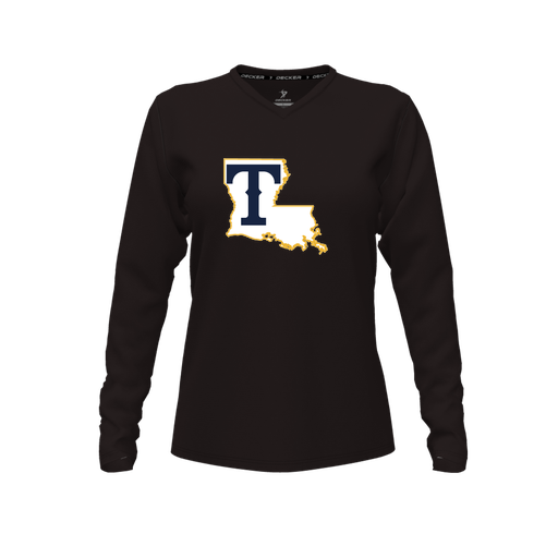 [CUS-DFW-TEES-PER-VNK-LSL-BLK-FYXS-LOGO2] Performance T-Shirt (Female Youth XS, Black, V Neck, Logo 2, Long Sleeve)