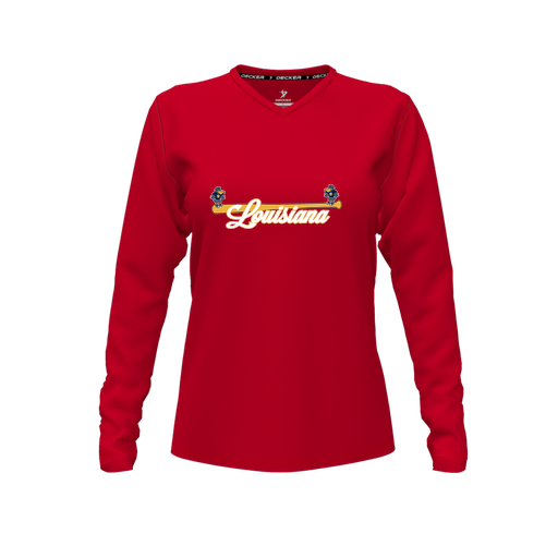 [FTLVPTRD-FYXS-LOGO3] Decker Performance T-Shirt (Female Youth XS, Red, V Neck, Logo 3, Long Sleeve)